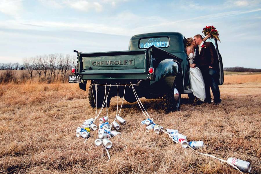 Just Married Old Pickup Truck Bride & Groom